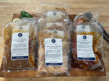 Piedmont BBQ Co Cookout in a Box including Marinated Flank Steak, Marinated Chicken Wings, and Marinated Pork Tenderloin - Pickup at Our Kitchen